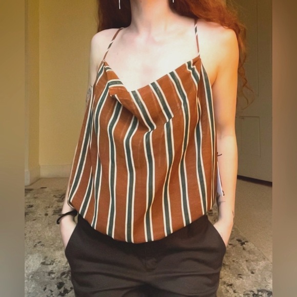 Astr Tops - Astr Brown Green White Bodysuit with Vertical Stripes Flattering Flowy Tank NWT